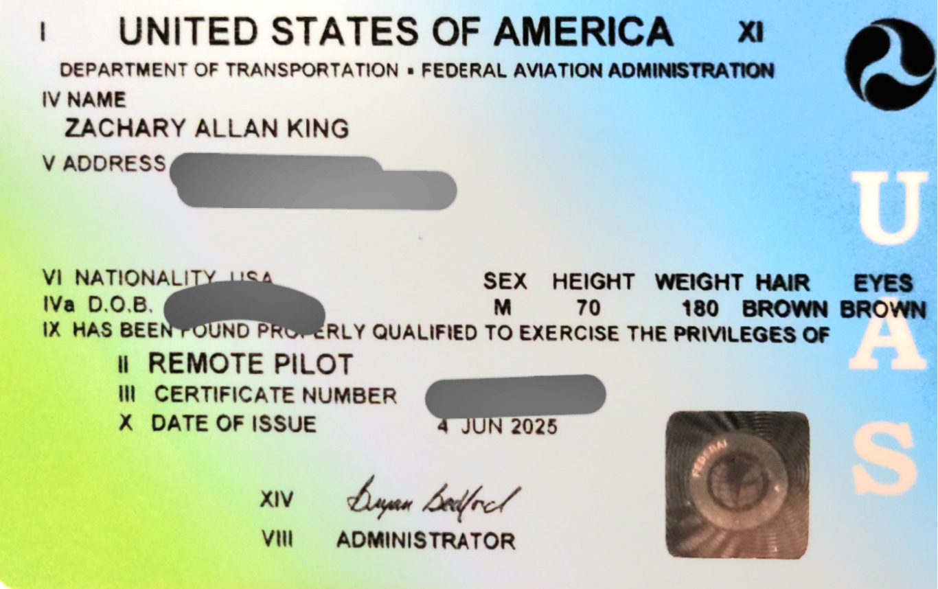 FAA Remote Pilot License - Zachary Allan King